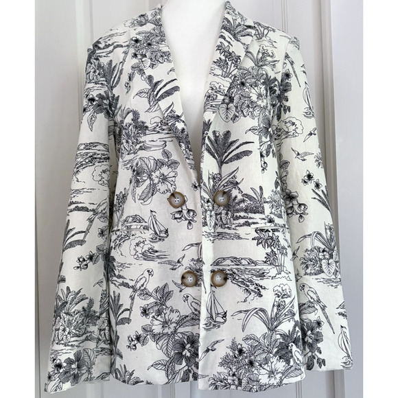 H by HALSTON Medium Linen Blend Blazer Jacket Cream Black Tropical Print Office - Picture 12 of 16